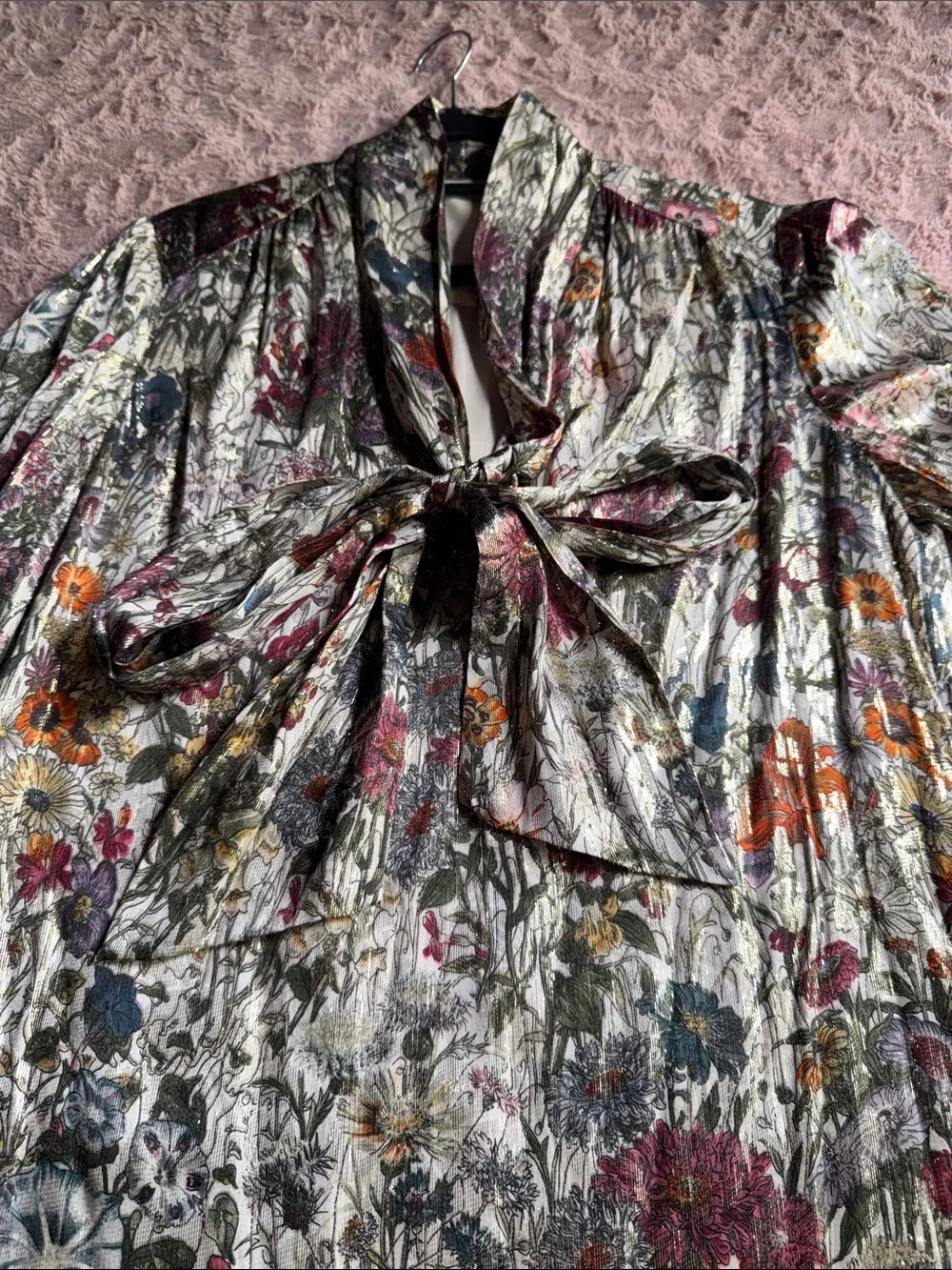 Tory Burch Vanessa silk dress featuring,metallic floral print & bow-tie neckline